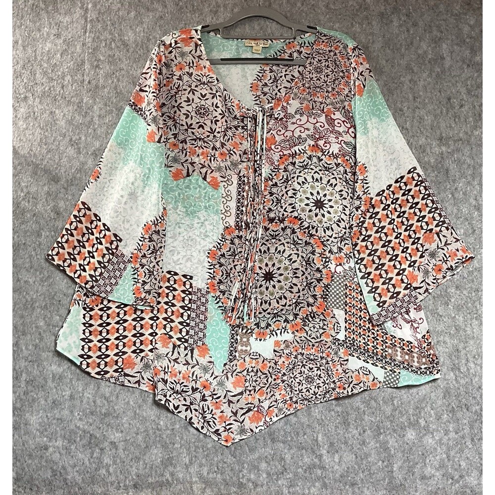 Live and Let Live Shirt Womens Plus 1X Patchwork Sheer Flowy Relaxed Boho Top